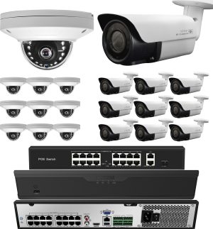20 Camera System : (1) 32 Channel Ultra 4K NVR + (1) 8TB HDD + (10) Dome + (10) Bullet IP PoE True Full HD 1080P 30FPS Cameras + (1) 16 Port PoE Network Switch : Business Grade