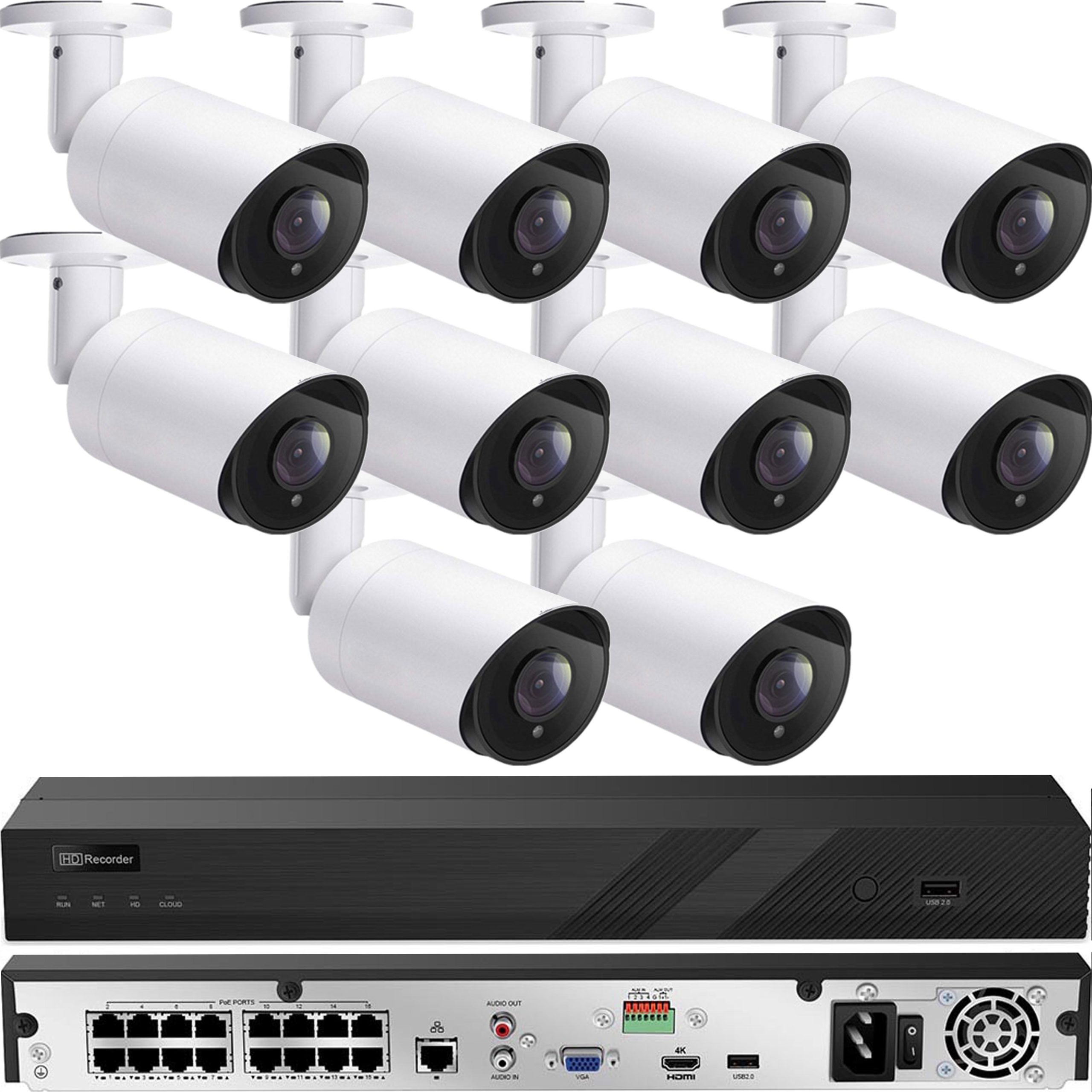 8MP 10 Camera PoE System : (1) 16 Channel Ultra 4K PoE NVR + (10) 8MP Bullet Wide Angle 2.8mm Lens Cameras with Microphone + (1) 2TB HDD : Indoor Outdoor : Plug Play